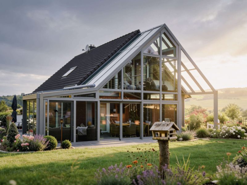 Sonniger Wintergarten aus Glas und Aluminium